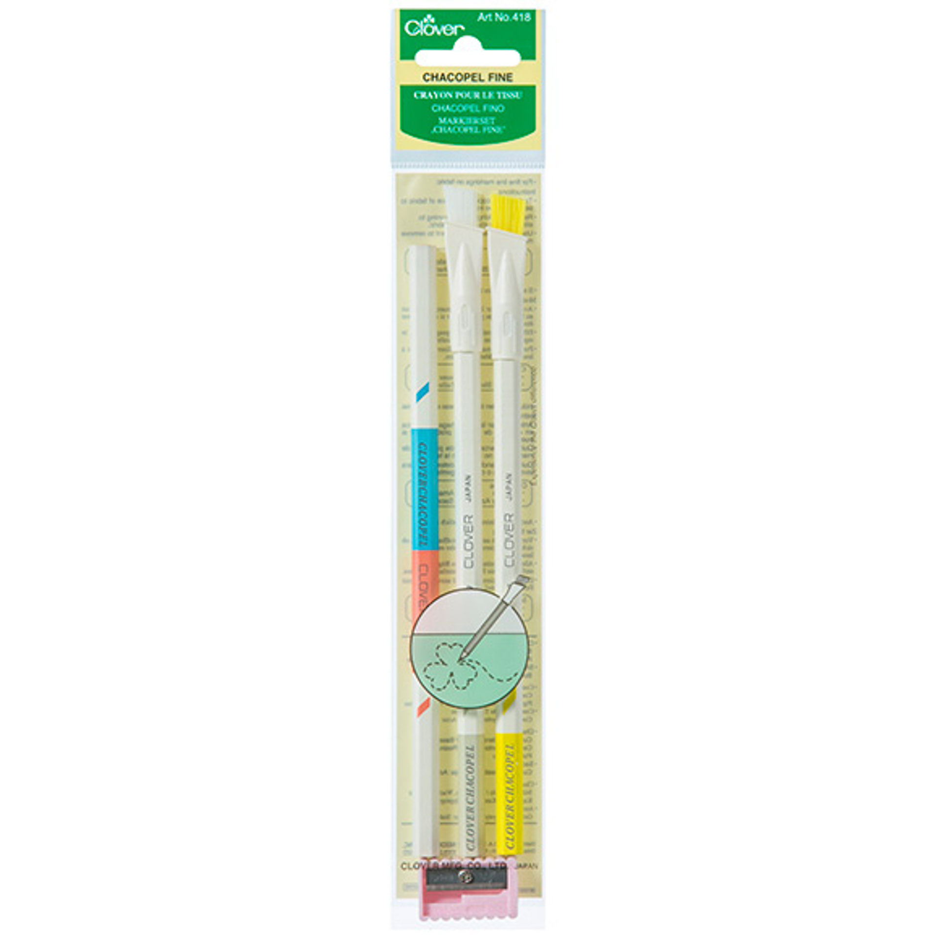 Crayons Pour Tissus Clover - Lot Avec Blanc, Jaune, Rose/Bleu Et Taille-Crayon, Traçage Fin - 7